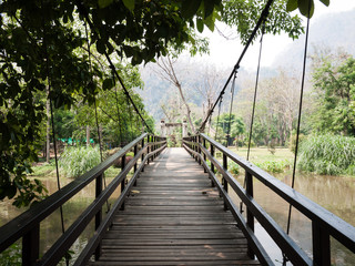 Obraz premium straight bridge cross the river to garden