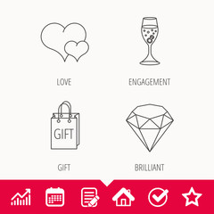 Love heart, gift box and wedding ring icons.