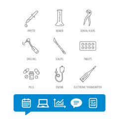 Thermometer, pills and dental pliers icons.