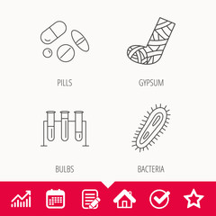 Broken foot, bacteria and medical pills icons.