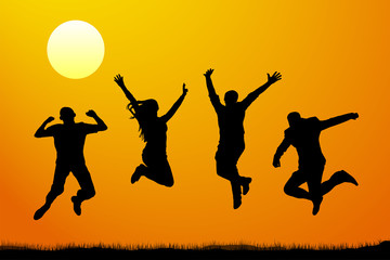 Fototapeta na wymiar Jumping people at sunset, vector silhouette
