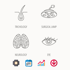 Eye, neurology brain and surgical lamp icons.