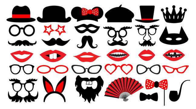 Retro party set. Party birthday photo booth props. Glasses, hats, lips, mustaches, tie, monocle, icons. vector illustration