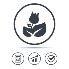 Rose flower icon. Florist plant with leaf sign.