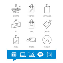 Shopping cart, gift bag and sale coupon icons.