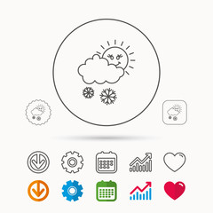 Snow with sun icon. Snowflakes and cloud sign.