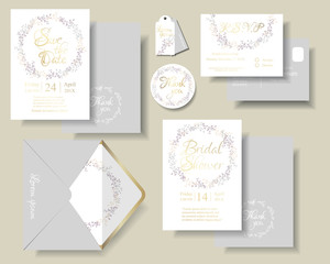 Set of botanical leaves wreath wedding invitation card.Purple and pink color tone.Can be use Birthday card , Invitation card , Brochure. Modern Minimal style.Vector/Illustration