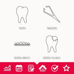 Dental braces, fillings and tooth icons.