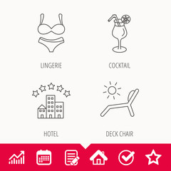 Lingerie, deck chair and cocktail icons.