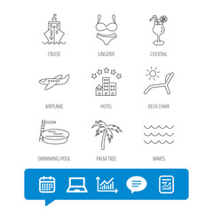 Cruise, waves and cocktail icons. Hotel sign.