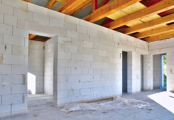 Interior of a new house construction made with aerated concrete blocks. 