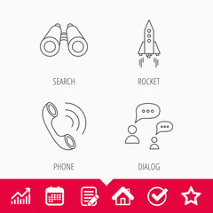 Phone call, chat speech bubble and binoculars icons.