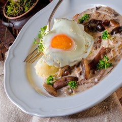 Forest mushroom sauce with fresh mushrooms, potato and poached egg