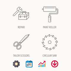 Scissors, paint roller and repair tools icons.