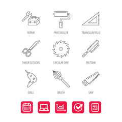 Scissors, paint roller and repair tools icons.