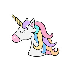Colorful rainbow unicorn vector illustration drawing. Cute unicorn's head with rainbow mane and yellow horn. Unicorn cartoon graphic print isolated on white background. Unicorn sticker icon. © kikivagnerova