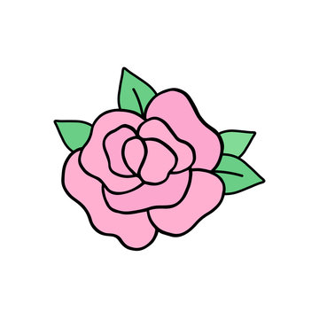 Rose vector illustration drawing, cute pink rose with green leaves. Graphic print, sticker or icon, isolated on white background.