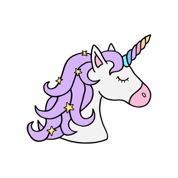 Colorful rainbow unicorn vector illustration drawing. Cute unicorn's head with rainbow horn and violet mane with sparkling stars. Unicorn cartoon graphic print isolated on white background.