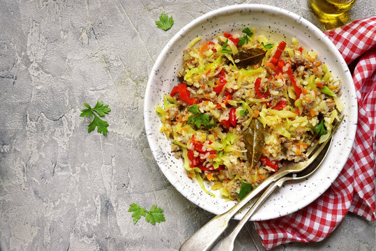 Cabbage stewed with bell pepper,minced meat and rice.Top view.