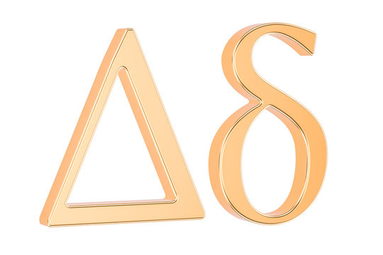 Golden Greek letter delta, 3D rendering