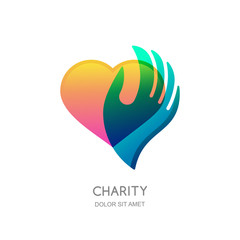 Charity vector logo design template. Abstract heart shape in human hand, isolated icon, symbol, emblem. Concept for voluntary, non profit organization or health and healthcare themes.