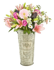 bouquet of pink flowers in vase isolated on white