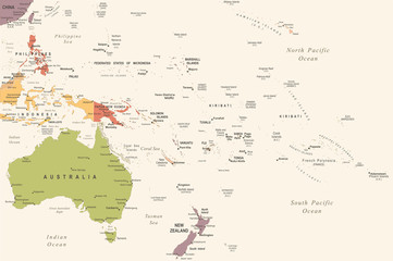 Australia and Oceania Map - Vintage Vector Illustration