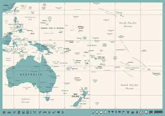 Australia and Oceania Map - Vintage Vector Illustration