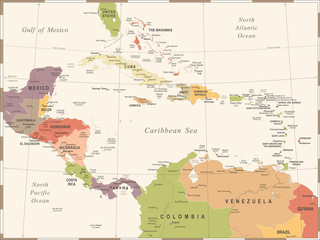 Central America Map - Vintage Vector Illustration