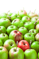 Green and red closeup organic apples colorful group on white background in studio