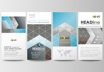 Flyers set, modern banners. Cover design template, abstract flat layouts. Scientific medical research, chemistry pattern, hexagonal molecule structure, science vector background.