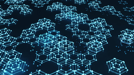 Abstract geometric hexagon background with glow. 3d illustration, 3d rendering.