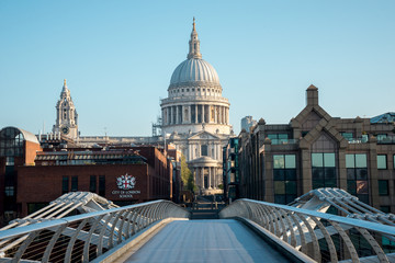 A view to St Paul's Cathedral from Millenium Bridge across Thames River in London