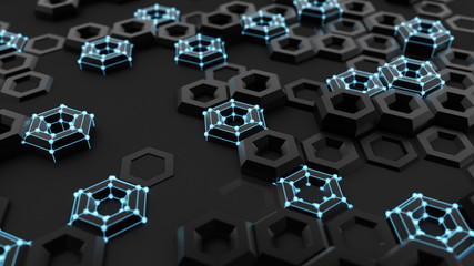 Black background with hexagons and glow. 3d illustration, 3d rendering.
