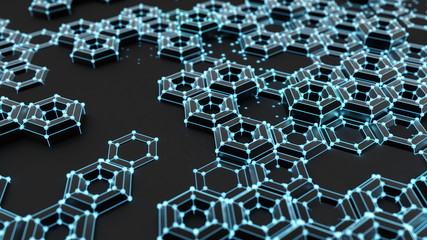 Obraz premium Black background with hexagons and glow. 3d illustration, 3d rendering.