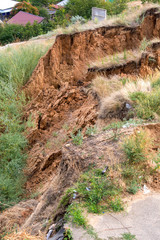 Soil landslide on slopes after earthquake.