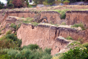 Soil landslide on slopes after earthquake.