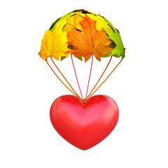 Red heart go down on a parachute in the form of vibrant maple leaves on white background as symbol of autumn wedding season, romantic amour time. Invitation love creative concept