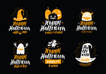 Happy Halloween, greeting card. Holiday symbol or label. Lettering vector illustration