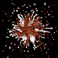 Explosion burst - milk and chocolate isolated on a black background. 3d illustration, 3d rendering.
