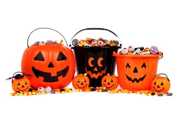 Group of assorted Halloween Jack o Lantern candy collectors isolated on a white background