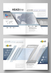 The vector illustration of the editable layout of two A4 format modern cover mockups design templates for brochure, flyer, report. Abstract futuristic network shapes. High tech background.