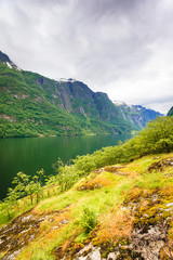 Naklejka na ściany i meble Mountains landscape and fjord in Norway