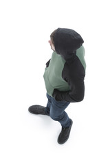 view from above. Hipster in a jacket with a hood looking down