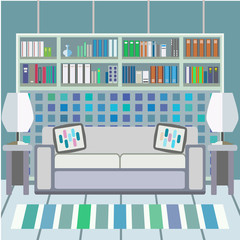Cozy interior of a living room with a sofa and bookshelves in a flat style. Vector illustration.