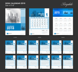Set Blue Desk Calendar 2018 year size  6 x 8 inch template, Set of 12 Months, Week Starts Monday, flyer design