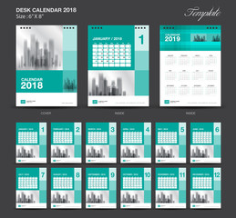 Set Green Desk Calendar 2018 year size  6 x 8 inch template, Set of 12 Months, Week Starts Monday, flyer design