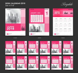 Set Pink Desk Calendar 2018 year size  6 x 8 inch template, Set of 12 Months, Week Starts Monday, flyer design