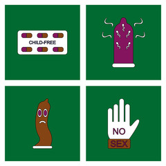 Set in flet of sex icons in thin line drowings. Condom hand © gorovits