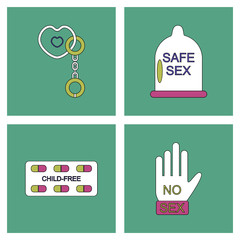 Set in flet of sex icons in thin line drowings. Condom hand © gorovits